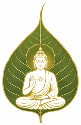 Maitreya Buddha seated within a Bodhi leaf logo
