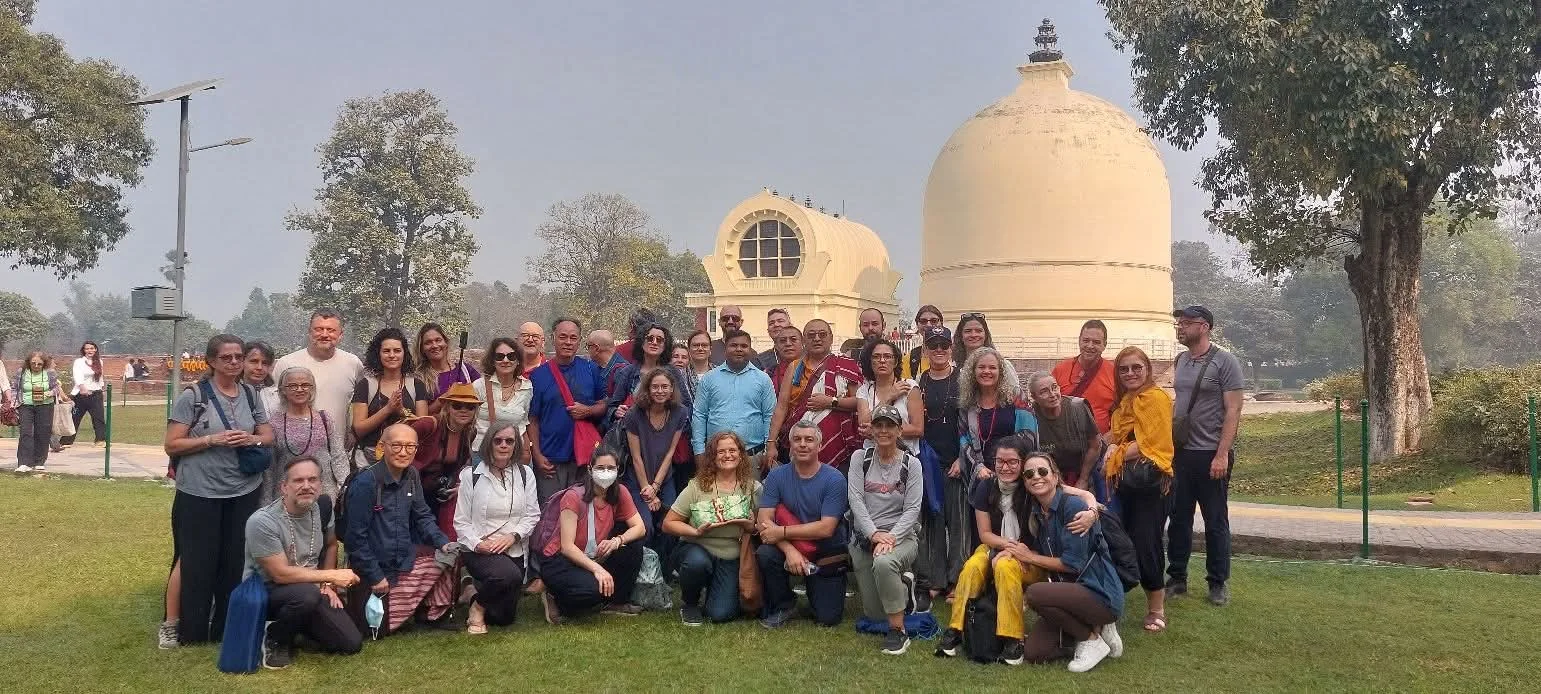 A tour group with Pankaj at Ramabhar Stupa in Kushinagar