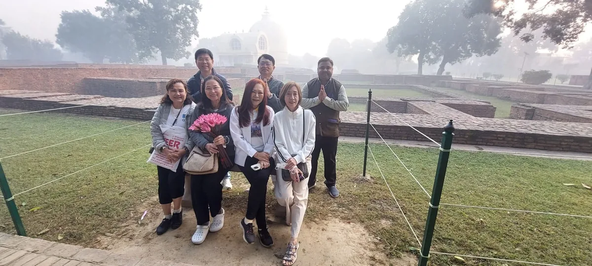 Small group visiting a Kushinagar heritage site